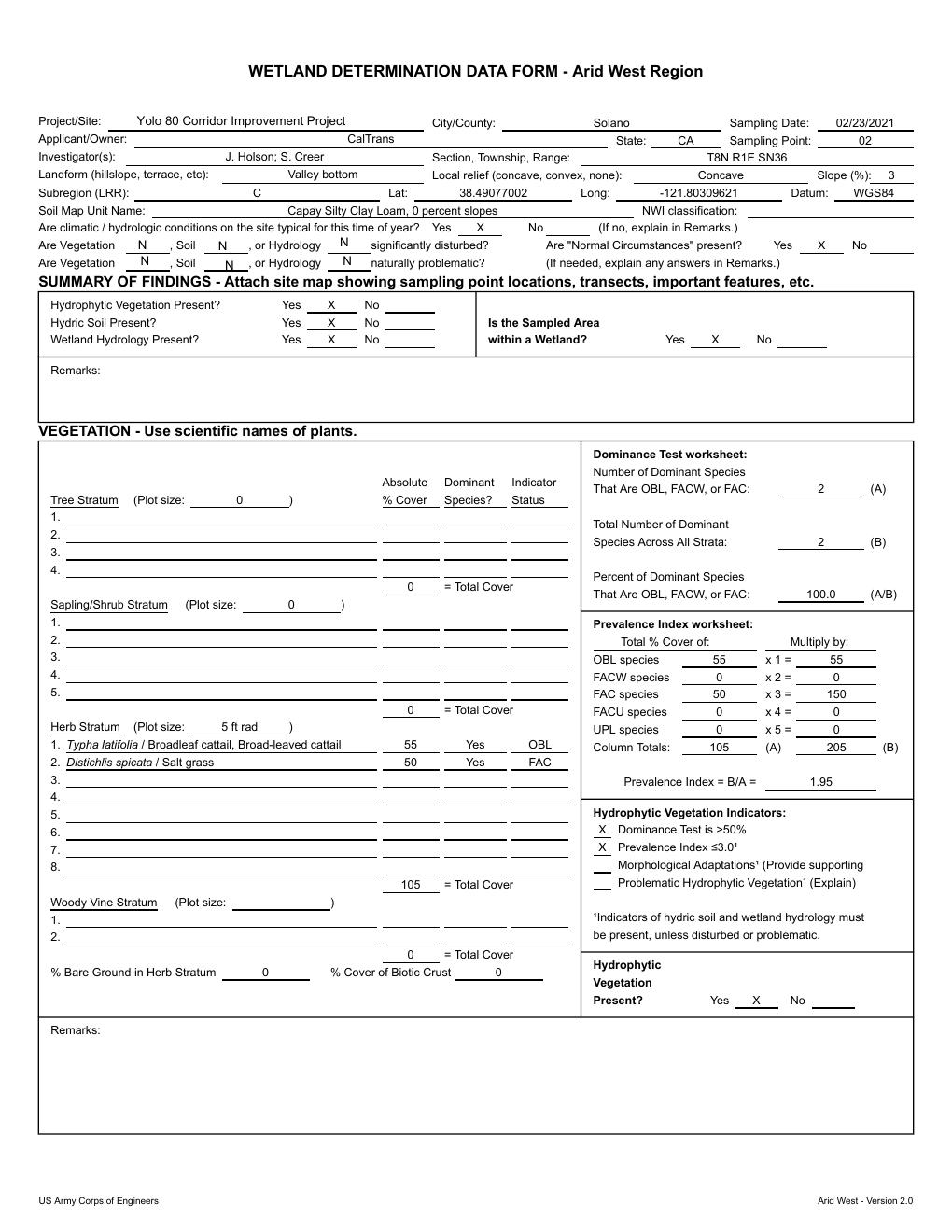 USACE Arid West wetland determination data form for Sampling Point 02
